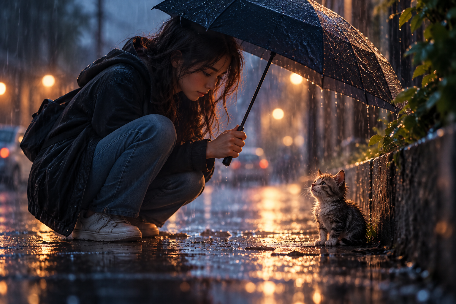 Una joven protege con su paraguas a un pequeño gato bajo la lluvia
