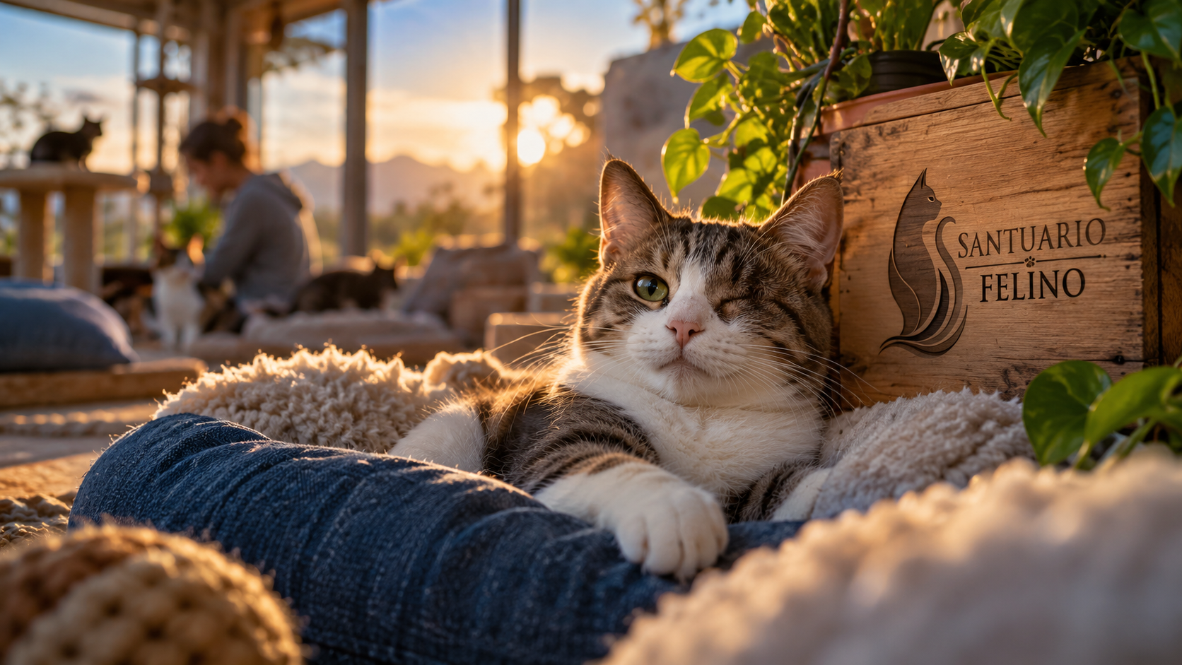 Un gato tranquilo descansa en casa junto a la identidad de Santuario Felino